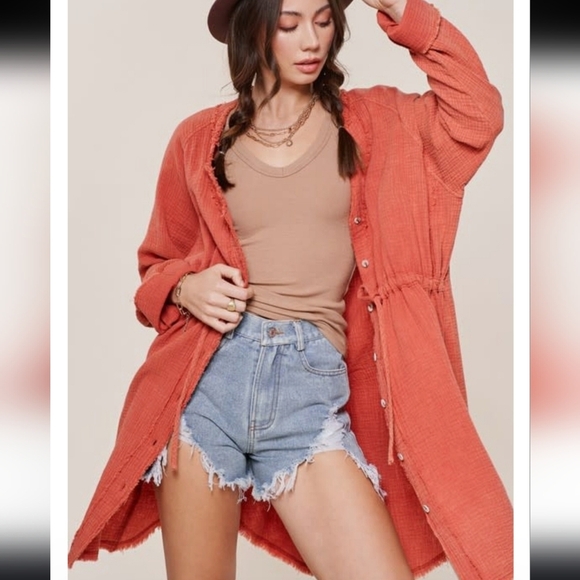 La Miel Burnt Orange Gauze Shirt Jacket Boutique Tunic Draw String Comfort Dress - Picture 2 of 9